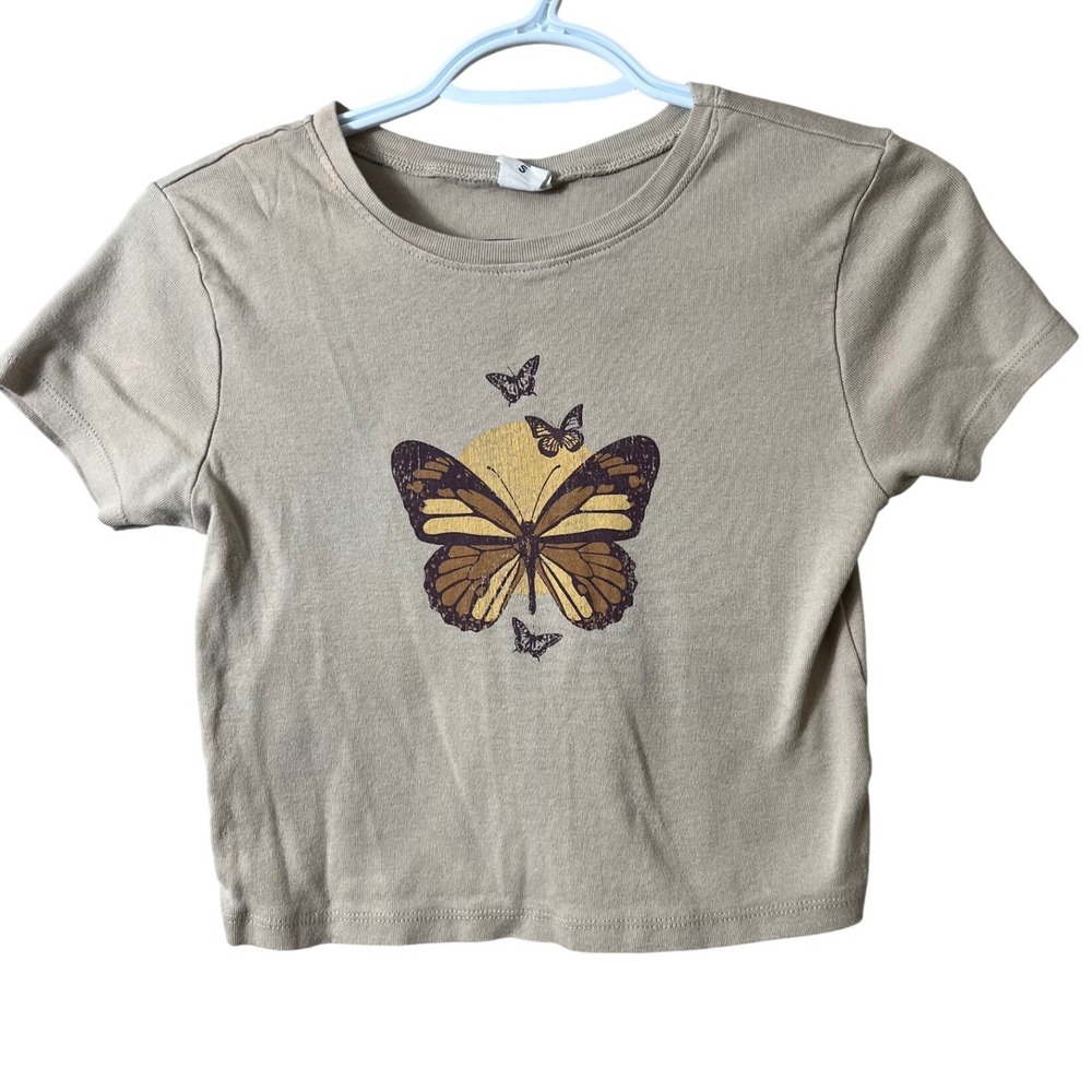 Vibe N Butterfly Graphic Baby Tee Tan Ribbed Crop Top Size S Y2K Indie Aesthetic